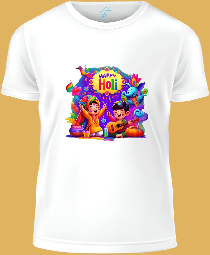 Happy Holi Festival Celebration Joyful Color Festival Tees Round Neck Short Sleeve 100% Cotton T-Shirt, White Cotton, Colourful Graphic Print